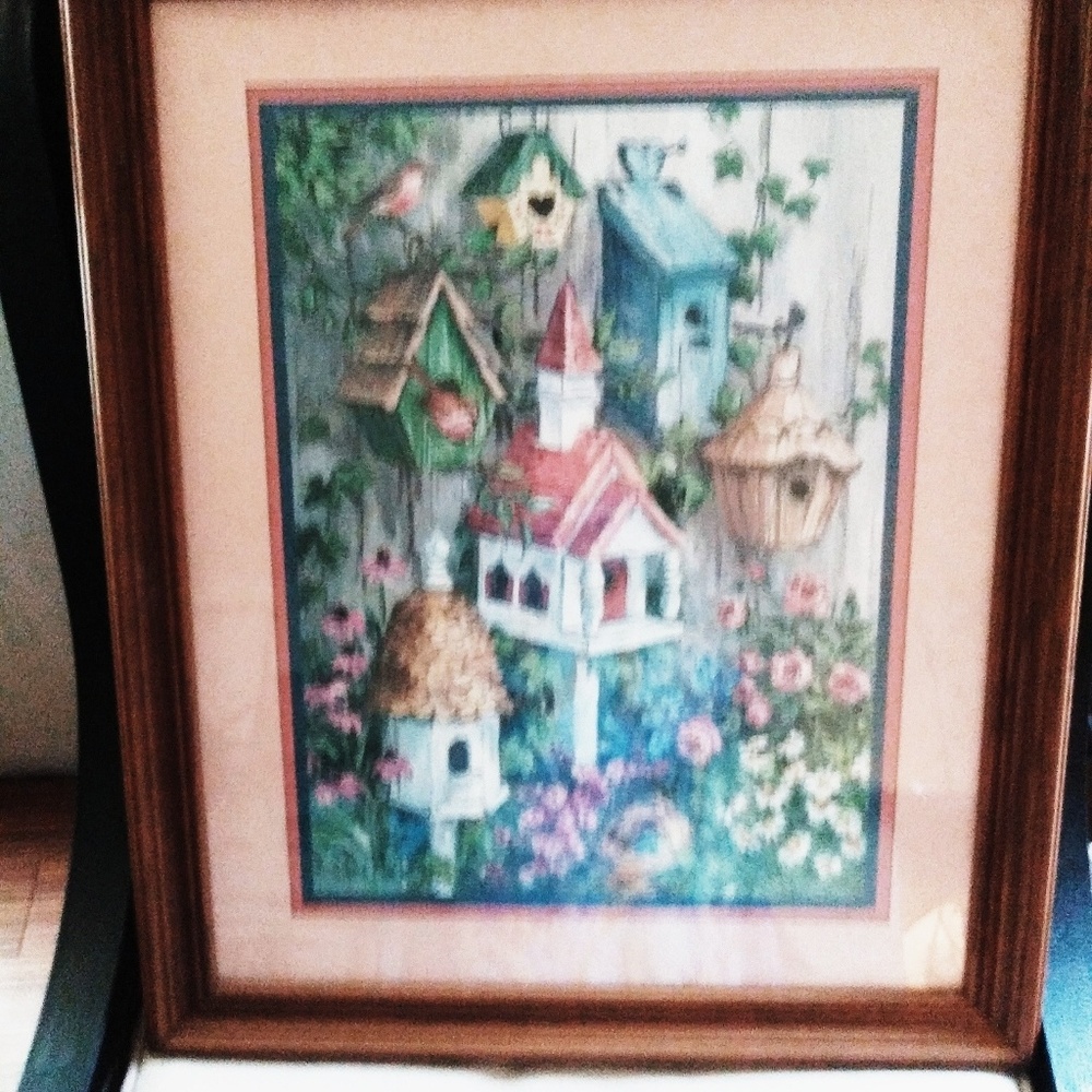 24" x 12" ADORABLE BIRDHOUSE PRINT IN CARVED WOOD